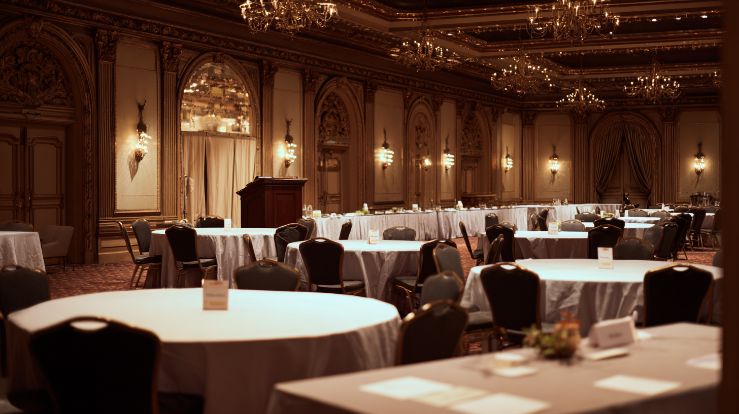 Grand ornate ballroom set with round white-clothed tables, chandeliers, and a wooden podium