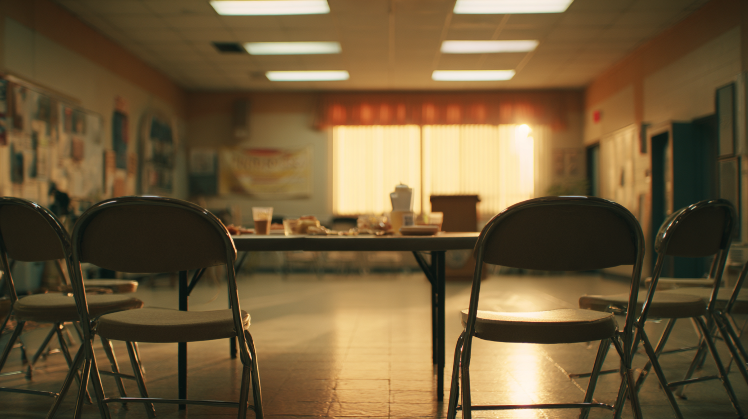 Empty community hall with metal folding chairs and a refreshment table, bathed in warm golden light