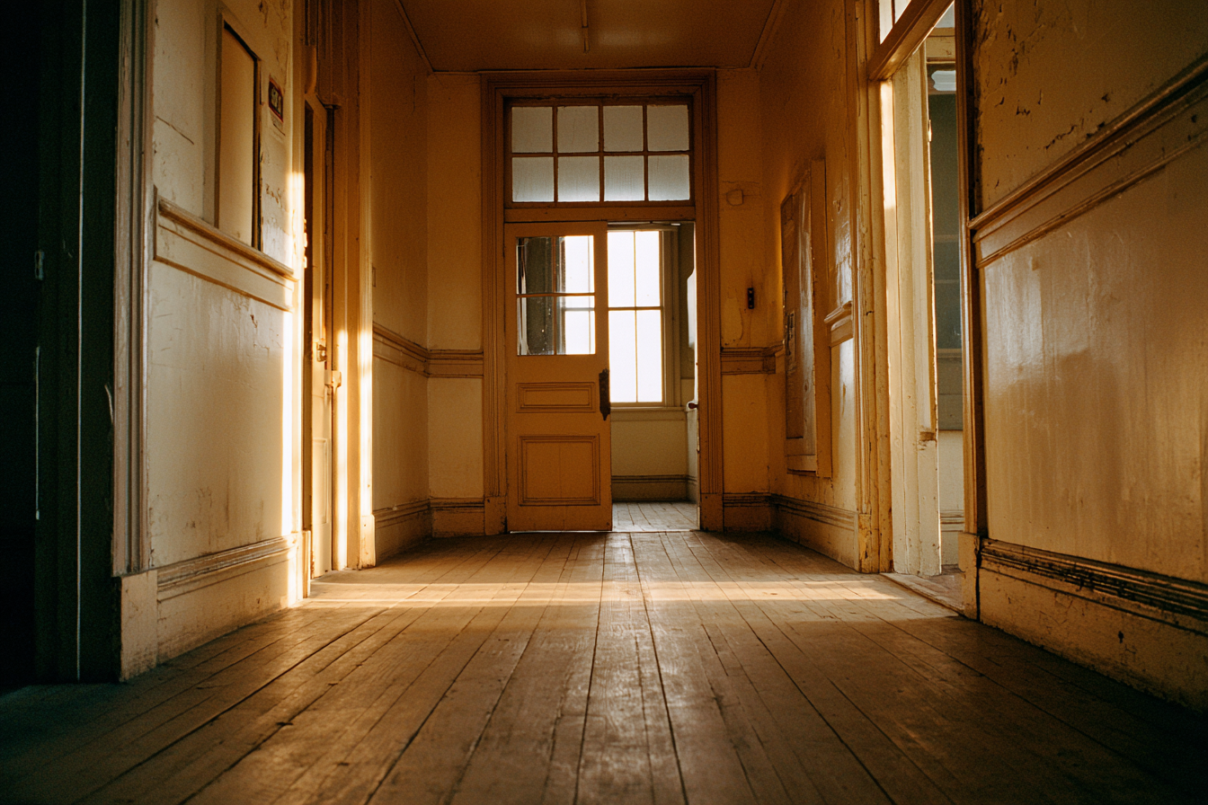 Sunlit empty hallway with worn wooden floors leading toward an open door, light streaming through transom windows